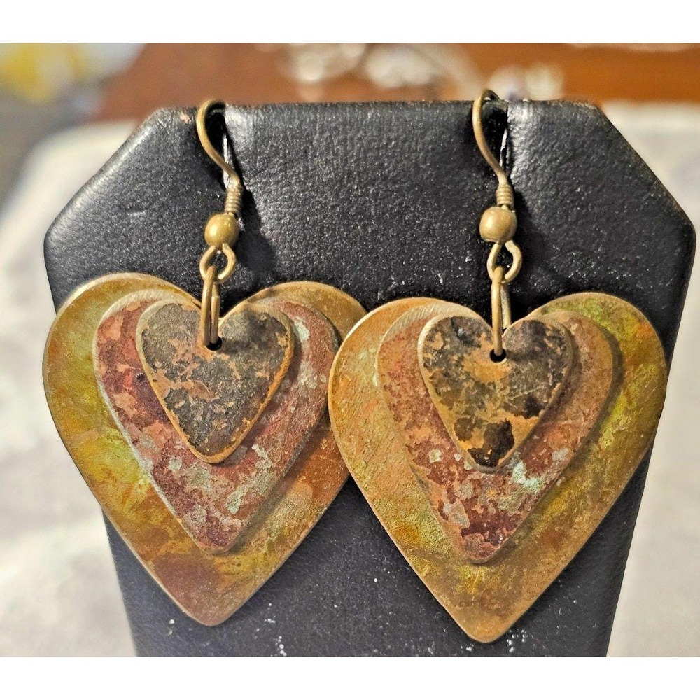 Vintage Patina Heart Earrings Layered Brass Hearts Rustic Boho Finish